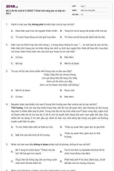 Bộ 2 đề thi cuối kì 2 GDCD 7 Chân trời sáng tạo có đáp án  - Đề 2
