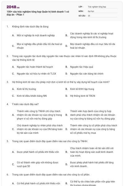 100+ câu trắc nghiệm tổng hợp Quản trị kinh doanh 1 có đáp án - Phần 1