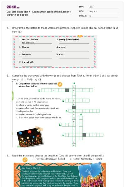 Giải SBT Tiếng anh 7 I-Learn Smart World Unit 8 Lesson 1 trang 44 có đáp án