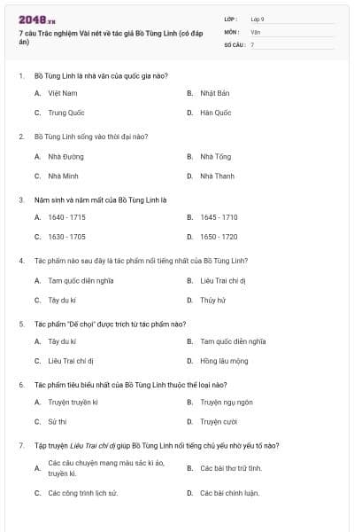 7 câu Trắc nghiệm Vài nét về tác giả Bồ Tùng Linh (có đáp án)