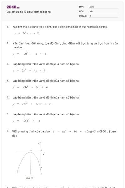 Giải sbt Đại số 10 Bài 3: Hàm số bậc hai
