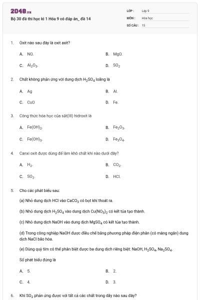 Bộ 30 đề thi học kì 1 Hóa 9 có đáp án_ đề 14