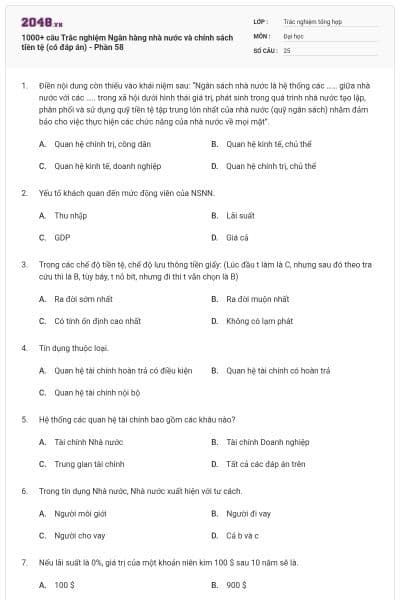 1000+ câu Trắc nghiệm Ngân hàng nhà nước và chính sách tiền tệ (có đáp án) - Phần 58