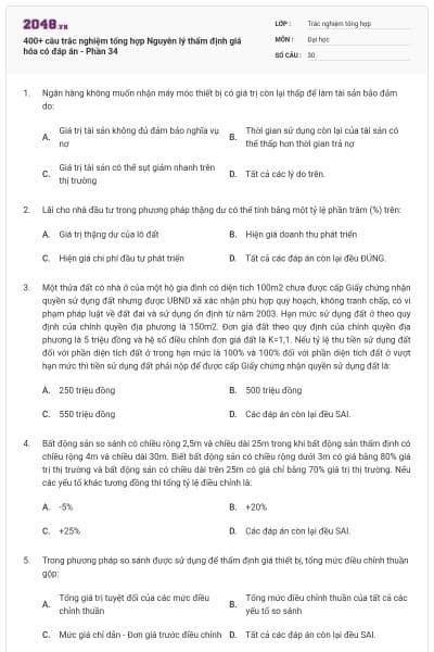 400+ câu trắc nghiệm tổng hợp Nguyên lý thẩm định giá hóa có đáp án - Phần 34