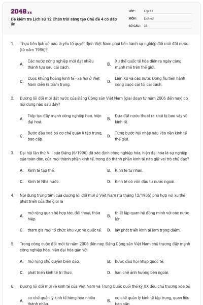 Đề kiểm tra Lịch sử 12 Chân trời sáng tạo Chủ đề 4 có đáp án