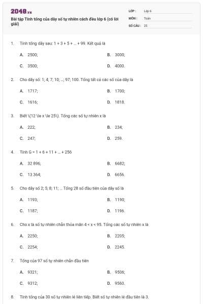 Bài tập Tính tổng của dãy số tự nhiên cách đều lớp 6 (có lời giải)