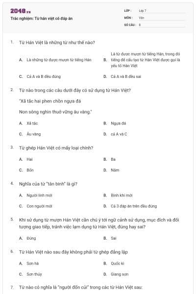Trắc nghiệm: Từ hán việt có đáp án