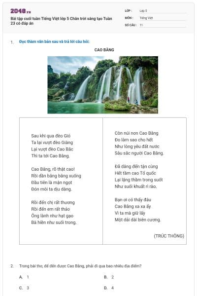 Bài tập cuối tuần Tiếng Việt lớp 5 Chân trời sáng tạo Tuần 23 có đáp án