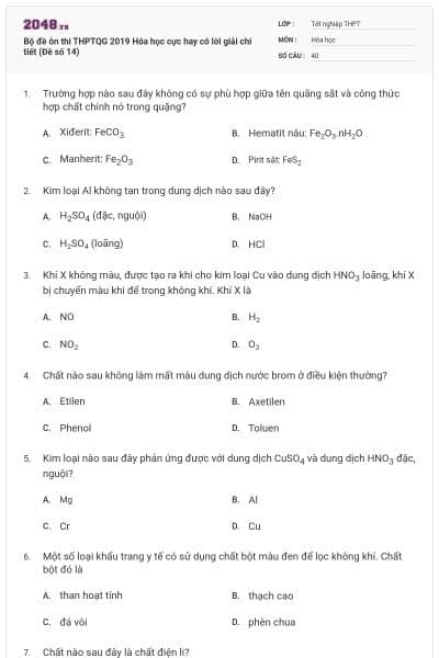 Bộ đề ôn thi THPTQG 2019 Hóa học cực hay có lời giải chi tiết (Đề số 14)