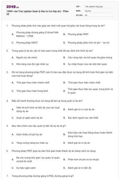 1000+ câu Trắc nghiệm Quản lý đầu tư (có đáp án) - Phần 20