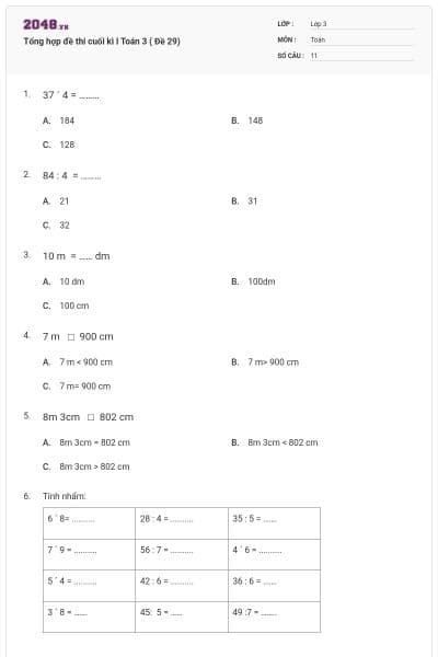 Tổng hợp đề thi cuối kì I Toán 3 ( Đề 29)