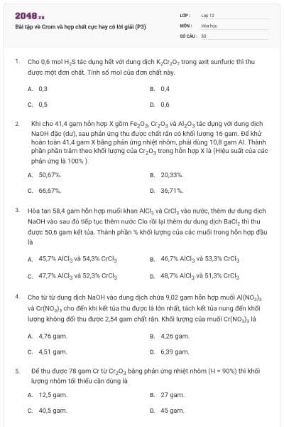 Bài tập về Crom và hợp chất cực hay có lời giải (P3)