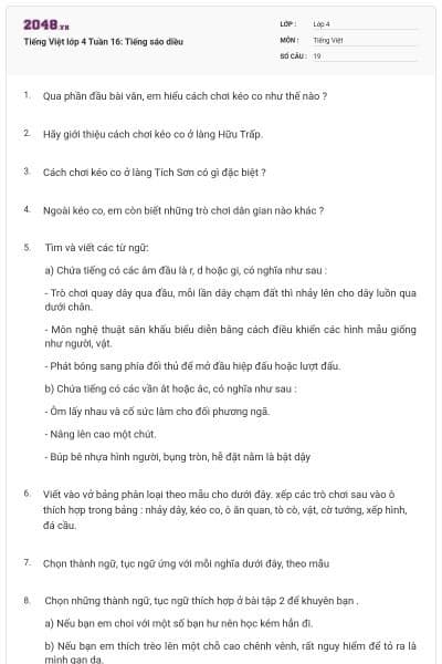 Tiếng Việt lớp 4 Tuần 16: Tiếng sáo diều