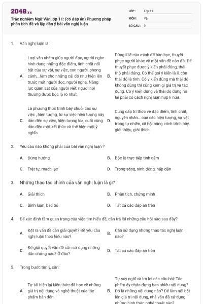 Trắc nghiệm Ngữ Văn lớp 11: (có đáp án) Phương pháp phân tích đề và lập dàn ý bài văn  nghị luận