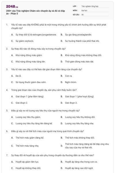 200+ câu Trắc nghiệm Chăm sóc chuyển dạ và đẻ có đáp án - Phần 5