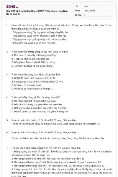 Giải SBT Lịch sử & Địa lí lớp 4 CTST Thiên nhiên vùng Nam Bộ có đáp án