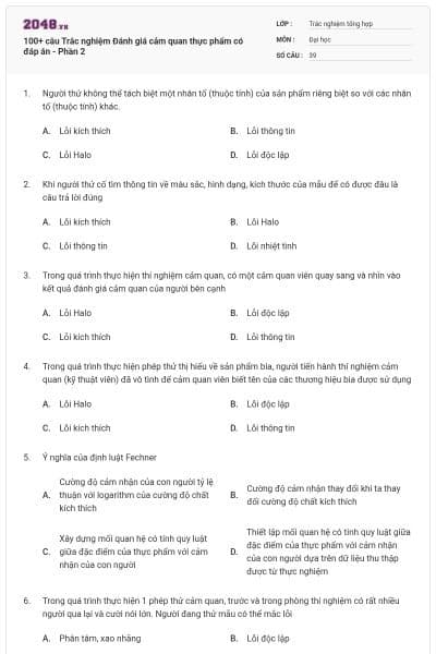 100+ câu Trắc nghiệm Đánh giá cảm quan thực phẩm có đáp án - Phần 2