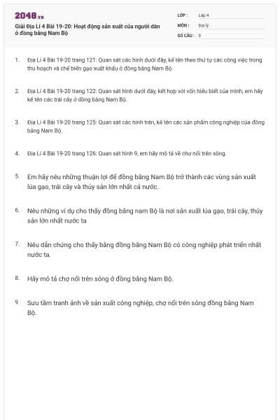 Giải Địa Lí 4 Bài 19-20: Hoạt động sản xuất của người dân ở đồng bằng Nam Bộ