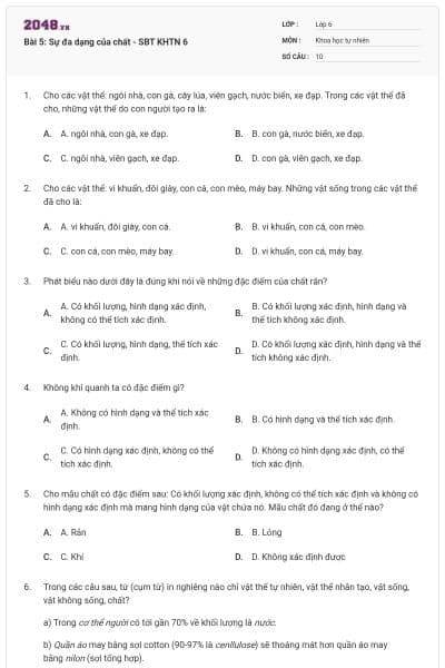 Bài 5: Sự đa dạng của chất - SBT KHTN 6