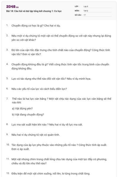 Bài 18: Câu hỏi và bài tập tổng kết chương 1: Cơ học