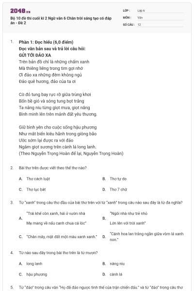 Bộ 10 đề thi cuối kì 2 Ngữ văn 6 Chân trời sáng tạo có đáp án - Đề 2