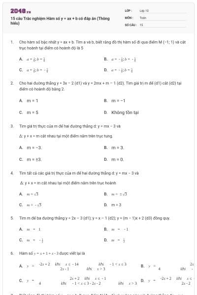 15 câu Trắc nghiệm Hàm số y = ax + b có đáp án (Thông hiểu)