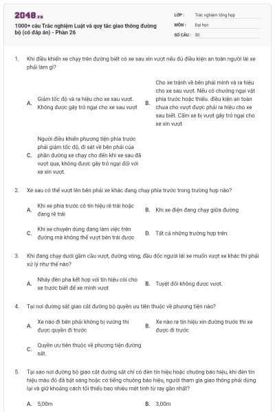 1000+ câu Trắc nghiệm Luật và quy tắc giao thông đường bộ (có đáp án) - Phần 26