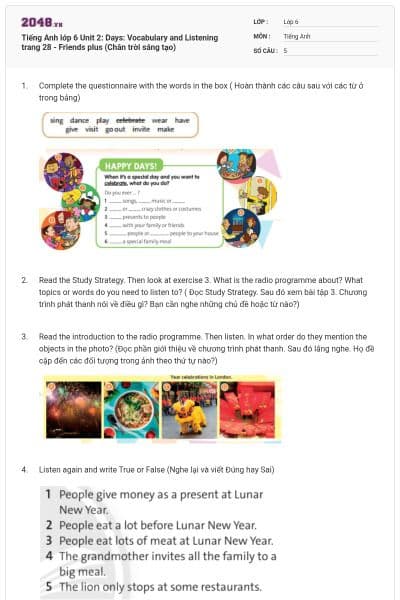 Tiếng Anh lớp 6 Unit 2: Days: Vocabulary and Listening trang 28 - Friends plus (Chân trời sáng tạo)