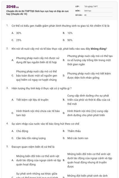 Chuyên đề ôn thi THPTQG Sinh học cực hay có đáp án cưc hay (Chuyên đề 14)