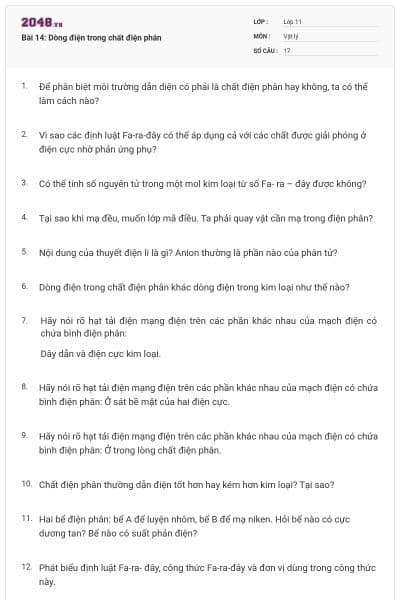 Bài 14: Dòng điện trong chất điện phân