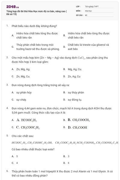 Tổng hợp đề thi thử Hóa Học mức độ cơ bản, nâng cao ( Đề số 15)