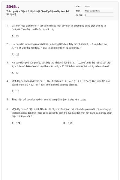 Trắc nghiệm Điện trở. Định luật Ohm lớp 9 (có đáp án - Trả lời ngắn)