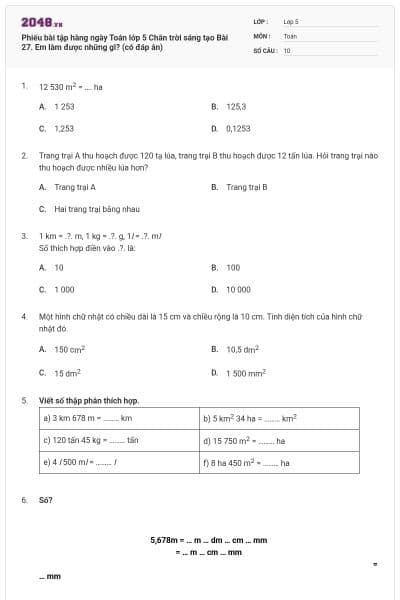Phiếu bài tập hàng ngày Toán lớp 5 Chân trời sáng tạo Bài 27. Em làm được những gì? (có đáp án)