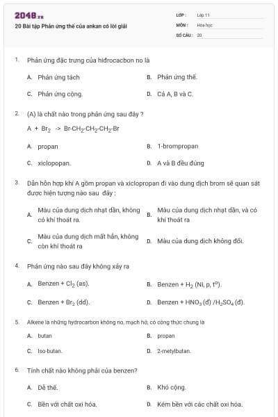 20 Bài tập Phản ứng thế của ankan có lời giải