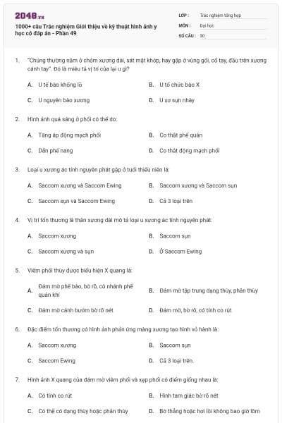 1000+ câu Trắc nghiệm Giới thiệu về kỹ thuật hình ảnh y học có đáp án - Phần 49