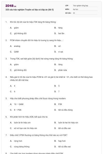 325 câu trắc nghiệm Truyền số liệu có đáp án (Đề 5)