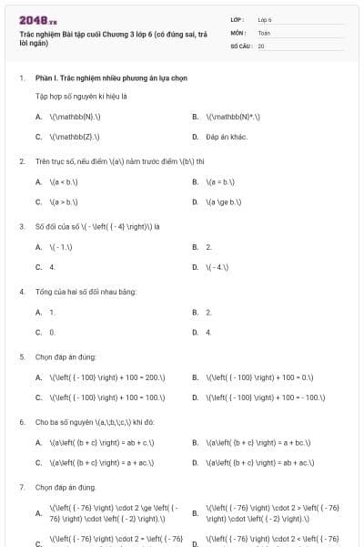 Trắc nghiệm Bài tập cuối Chương 3 lớp 6 (có đúng sai, trả lời ngắn)