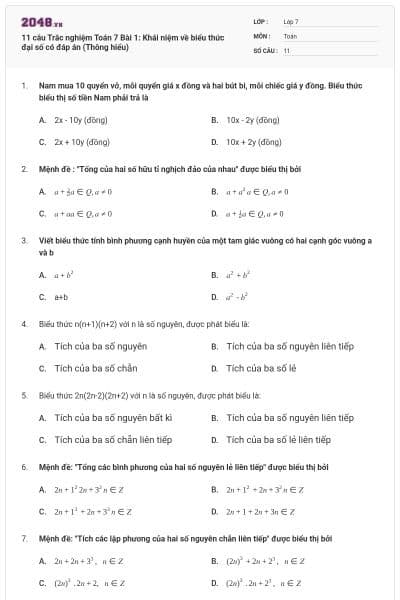 11 câu Trắc nghiệm Toán 7 Bài 1: Khái niệm về biểu thức đại số có đáp án (Thông hiểu)