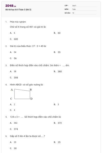 Đề thi học kì II Toán 3 (Đề 3)