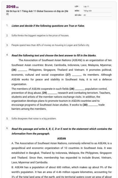 Đề thi học kì 1 Tiếng Anh 11 Global Success có đáp án (Đề 2)