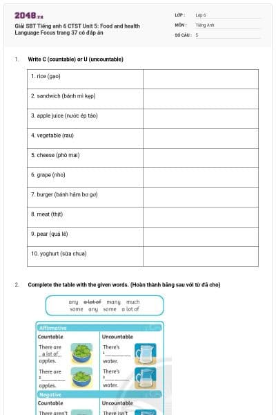 Giải SBT Tiếng anh 6 CTST Unit 5: Food and health Language Focus trang 37 có đáp án