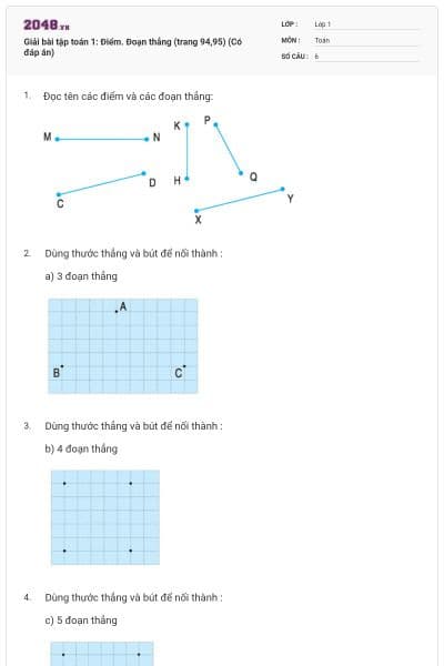 Giải bài tập toán 1: Điểm. Đoạn thẳng (trang 94,95) (Có đáp án)