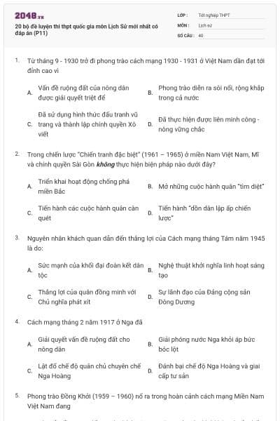 20 bộ đề luyện thi thpt quốc gia môn Lịch Sử mới nhất có đáp án (P11)