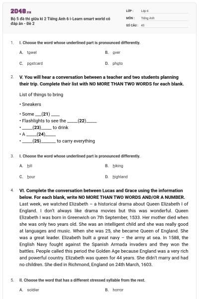 Bộ 5 đề thi giữa kì 2 Tiếng Anh 6 i-Learn smart world có đáp án - Đề 2