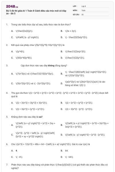 Bộ 5 đề thi giữa kì 1 Toán 8 Cánh diều cấu trúc mới có đáp án - Đề 5