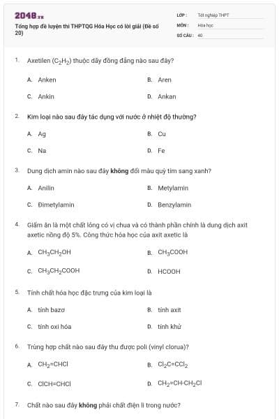 Tổng hợp đề luyện thi THPTQG Hóa Học có lời giải (Đề số 20)