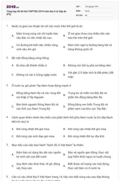 Tổng hợp đề thi thử THPTQG 2019 môn Địa lí có đáp án (P3)