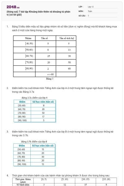 (Đúng sai) 7 bài tập Khoảng biến thiên và khoảng tứ phân vị (có lời giải)