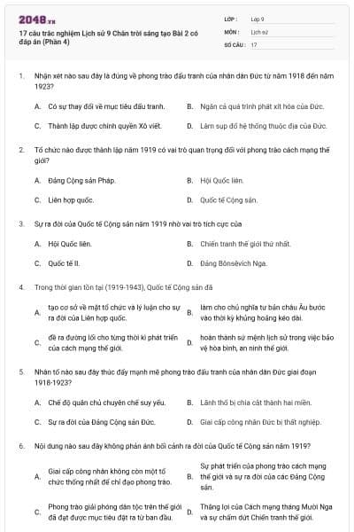 17 câu trắc nghiệm Lịch sử 9 Chân trời sáng tạo Bài 2 có đáp án (Phần 4)