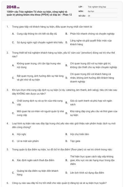 1000+ câu Trắc nghiệm Tổ chức sự kiện, công nghệ và quản trị phòng khám nha khoa (PPD4) có đáp án - Phần 12